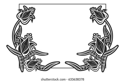 Black and white abstract horizontal frame with decorative flowers. Copy space. Vector clip art.