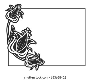 Black and white abstract horizontal frame with decorative flowers. Copy space. Vector clip art.