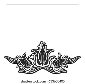 Black and white abstract horizontal frame with decorative flowers. Copy space. Vector clip art.