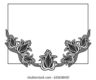 Black and white abstract horizontal frame with decorative flowers. Copy space. Vector clip art.