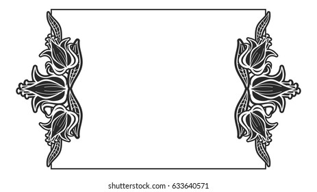 Black and white abstract horizontal frame with decorative flowers. Copy space. Vector clip art.