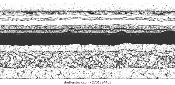 Black and white abstract horizontal layers with varied textures and patterns.