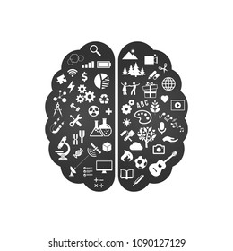 Black and white Abstract human brain with the icons of art and science. The concept of work left and right sides of the human brain. Education icons. Vector illustration.