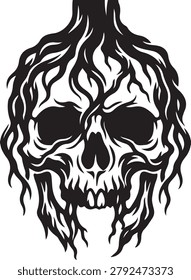 Black and White Abstract Human Skull Vector Illustration with Tribal Style Roots or Hair