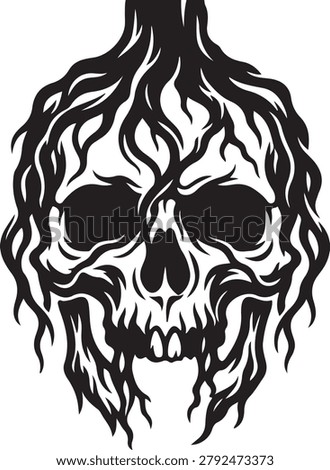 Black and White Abstract Human Skull Vector Illustration with Tribal Style Roots or Hair