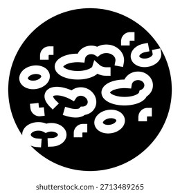 Ícone abstrato em preto e branco representando micro-organismos, germes ou células dentro de uma placa de petri, ilustrando conceitos de biologia, ciência, infecção, crescimento e pesquisa