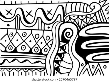 black and white abstract illustration featuring intricate patterns, geometric shapes, wavy lines, and decorative elements. 