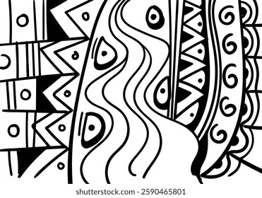 black and white abstract illustration featuring intricate patterns, geometric shapes, wavy lines, and decorative elements. 