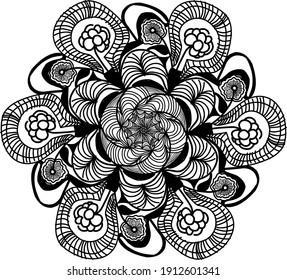 black and white abstract illustration in the form of mandalas and doodles, scribbles that are commonly used for wall decoration, yoga pads, patern art