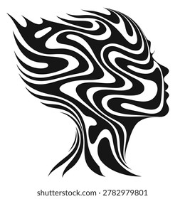 Black and white abstract illustration of a human head with intricate brain-like patterns replacing hair and facial features
