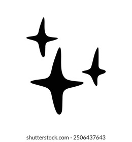A black and white abstract illustration of three twinkling star shapes drawn with curved lines.