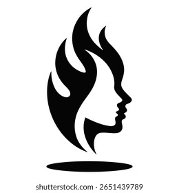 Black and white abstract illustration of a woman's face profile with flame-like hair. Minimalist style.