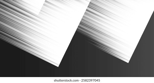 Black and white abstract image design with diagonal, shiny slanted striped patterned overlapping square shapes on a dark background. The dynamic, modern composition conveys movement and energy. 