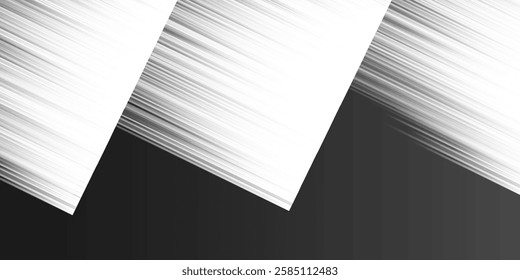Black and white abstract image design with diagonal, shiny slanted striped patterned overlapping square shapes on a dark background. The dynamic, modern composition conveys movement and energy. 