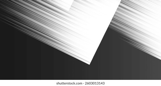 Black and white abstract image design with diagonal, shiny slanted striped patterned overlapping square shapes on a dark background. The dynamic, modern composition conveys movement and energy. 