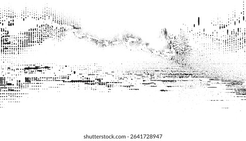 Black and white abstract image featuring a distressed texture composed of varying dot and line patterns creating a grunge dust effect 