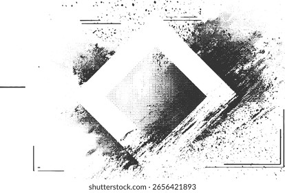 Una Imagen abstracta en blanco y negro con forma de diamante con salpicaduras texturizadas y líneas.
