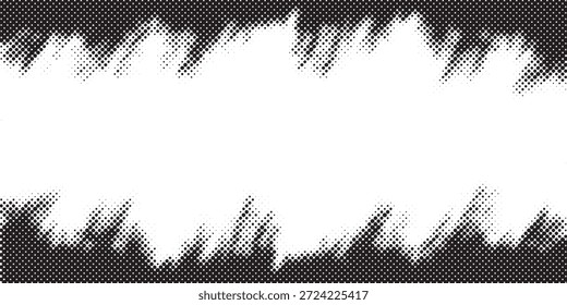 Una Imagen abstracta en blanco y negro con un patrón de puntos semitonos con bordes irregulares y dentados que crean un borde texturizado alrededor de un espacio blanco central.