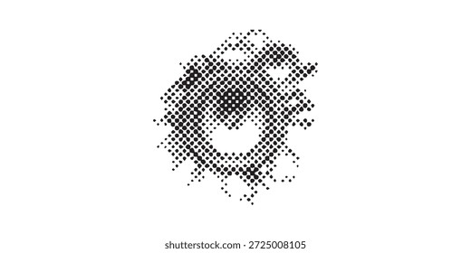 Ein abstraktes Schwarz-Weiß-Bild mit einem Zahnrad oder Zahnrad, das in einem Rasterpunktmuster gerendert wird und einen strukturierten grafischen Effekt erzeugt.