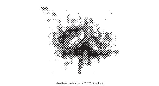 A black and white abstract image featuring a halftone pattern that vaguely resembles a distorted human face or head.