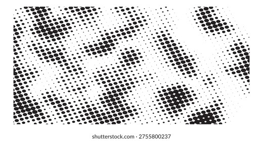A black and white abstract image featuring a dense halftone dot pattern with irregular, lighter areas resembling scattered light.