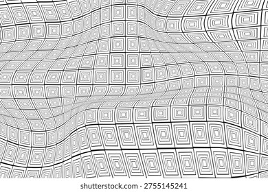 A black and white abstract image showcases a grid pattern composed of nested squares. The entire pattern is distorted by large, undulating waves that ripple across the surface, creating a dynamic optical illusion. The lines stretch and bend, suggesting a three-dimensional surface that bulges and recedes, giving a strong sense of movement and depth.