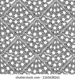 Black and white abstract intricate chains seamless pattern. Vector monochrome ornamental textured background. Repeat grid lattice backdrop. Decorative intricacy chains ornament. Braided frames.