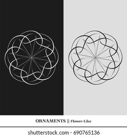 Black and white abstract and isolated ornaments. Sophisticated circular vectors including star, organic, flower, floral, atom, and geometric shapes.