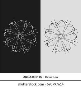 Black and white abstract and isolated ornaments. Sophisticated circular vectors including star, organic, flower, floral, atom, and geometric shapes.