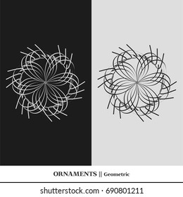 Black and white abstract and isolated ornaments. Sophisticated circular vectors including star, organic, flower, floral, atom, and geometric shapes.