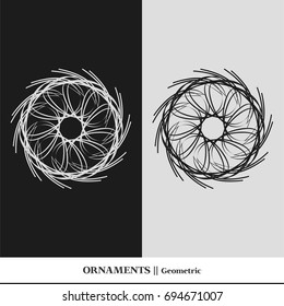 Black and white abstract and isolated ornaments. Sophisticated circular vectors including star, organic, flower, floral, atom, and geometric shapes.