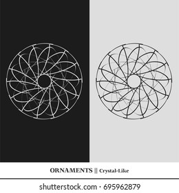 Black and white abstract and isolated ornaments. Sophisticated circular vectors including star, organic, flower, floral, atom, and geometric shapes.