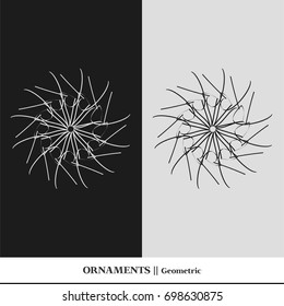 Black and white abstract and isolated ornaments. Sophisticated circular vectors including star, organic, flower, floral, atom, and geometric shapes.