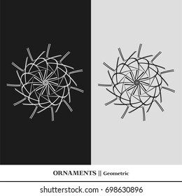 Black and white abstract and isolated ornaments. Sophisticated circular vectors including star, organic, flower, floral, atom, and geometric shapes.
