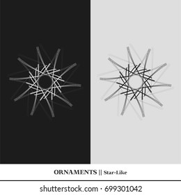 Black and white abstract and isolated ornaments. Sophisticated circular organic vectors that resemble star, flower, floral or atom geometric shapes.