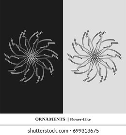 Black and white abstract and isolated ornaments. Sophisticated circular organic vectors that resemble star, flower, floral or atom geometric shapes.