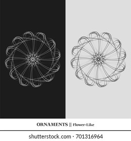 Black and white abstract and isolated ornaments. Sophisticated circular vectors including star, organic, flower, floral, atom, and geometric shapes.