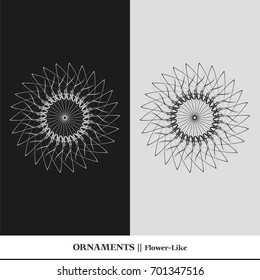 Black and white abstract and isolated ornaments. Sophisticated circular vectors including star, organic, flower, floral, atom, and geometric shapes.