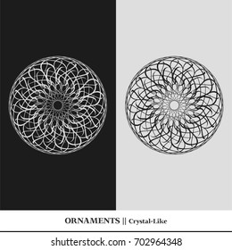 Black and white abstract and isolated ornaments. Sophisticated circular vectors including star, organic, flower, floral, atom, and geometric shapes.