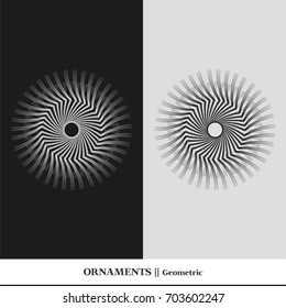 Black and white abstract and isolated ornaments. Sophisticated circular vectors including star, organic, flower, floral, atom, and geometric shapes.