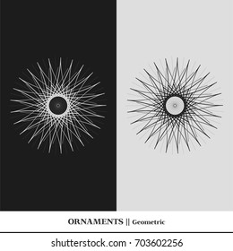 Black and white abstract and isolated ornaments. Sophisticated circular vectors including star, organic, flower, floral, atom, and geometric shapes.
