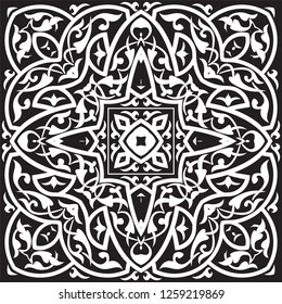 Black and white abstract lace background, square geometric pattern with ornate frame, tribal ethnic ornament. Islamic Traditional Pattern