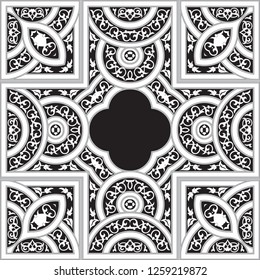 Black and white abstract lace background, square geometric pattern with ornate frame, tribal ethnic ornament. Islamic Traditional Pattern