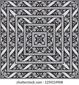 Black and white abstract lace background, square geometric pattern with ornate frame, tribal ethnic ornament. Islamic Traditional Pattern