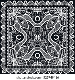 Black and white abstract lace background, square geometric pattern with ornate frame, tribal ethnic ornament. Bandanna shawl fabric print, silk neck scarf or kerchief design, vector illustration.