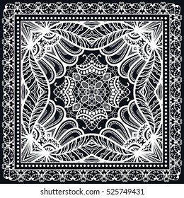 Black and white abstract lace background, square geometric pattern with ornate frame, tribal ethnic ornament. Bandanna shawl fabric print, silk neck scarf or kerchief design, vector illustration.
