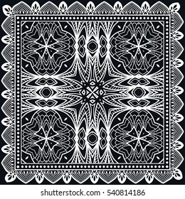 Black and white abstract lace background, square geometric pattern with ornate frame, tribal ethnic ornament. Bandanna shawl fabric print, silk neck scarf or kerchief design, vector illustration.