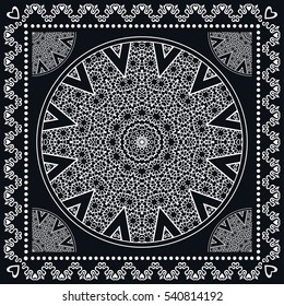 Black and white abstract lace background, square geometric pattern with ornate frame, tribal ethnic ornament. Bandanna shawl fabric print, silk neck scarf or kerchief design, vector illustration.