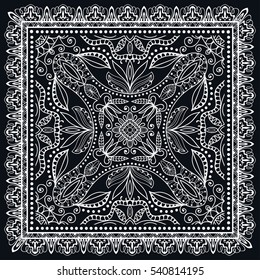 Black and white abstract lace background, square geometric pattern with ornate frame, tribal ethnic ornament. Bandanna shawl fabric print, silk neck scarf or kerchief design, vector illustration.