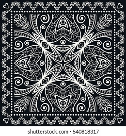 Black and white abstract lace background, square geometric pattern with ornate frame, tribal ethnic ornament. Bandanna shawl fabric print, silk neck scarf or kerchief design, vector illustration.